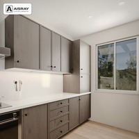 Meuble de cuisine Shaker en chêne blanc pour aménagement en U, avec portes fines à cadre fumé, boîtes en MDF et boutons ronds