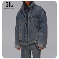 LARSUR Veste en jean rembourrée délavée de boue sale personnalisée en usine Manteaux en duvet remplis de bulles Veste en jean matelassé Veste bouffante