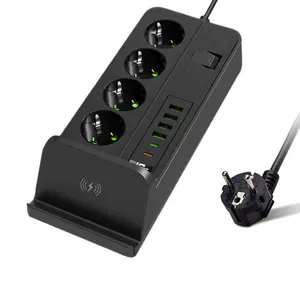 Hot selling 4AC European socket with wireless charging rack, 4USB+2Type-C 5V3.4A charging port extension cable power strip