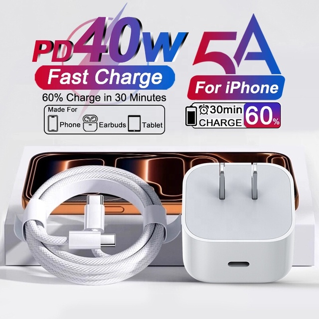 40W Type-C QC3.0 PD Fast Charging Adapter with Fireproof GaN for 11-17 Pro Max X XS XR 8 Plus