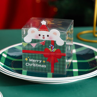 Meilleur prix, boîte d'emballage de Noël portable et réutilisable en PET transparent avec des poignées en jute jaune, design de dessin animé mignon, vente en gros