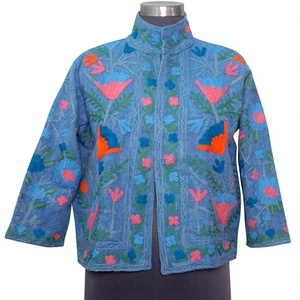 Hand Embroidered Floral Cotton Blazer Mandarin Collar Three Quarter Sleeve Spring Women's Jacket Regular Length Woven Fabric - Product Image 1
