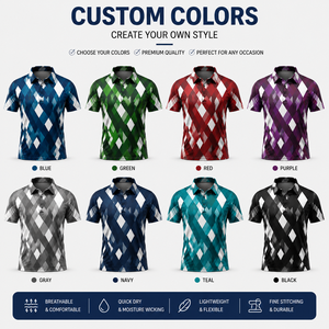 เสื้อโปโลชายลายอาร์ไกล์พิมพ์ลายสีน้ำเงินขาว แขนสั้น ผ้าถัก พิมพ์ลายตามสั่ง รับผลิตแบบ OEM ODM พร้อมโลโก้ของลูกค้า - Product Image 3
