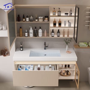 Mueble de baño inteligente negro con espejo inteligente semitransparente, lavabo blanco y gabinete colgante. - Product Image 6