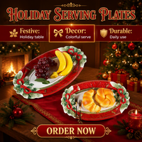 Plat de service en céramique de luxe avec motif de violette de Noël en relief et design de houx 3D pour dîner de Noël et décoration festive