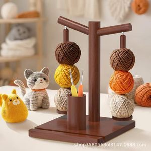 Wooden Yarn Spool Holder With <b>Crochet</b> <b>Hook</b> Storage Square Desktop Knitting Tool Organizer For Home Use - Product Image 2