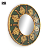 Miroir mural rond artisanal DX DESIGNS en feuille d'or verte, miroir décoratif vintage marocain pour salon et entrée