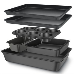 Ensemble de 6 ustensiles de cuisson antiadhésifs en acier au carbone, best-seller, avec plaque à pâtisserie, plateaux de cuisson profonds pour <span class=keywords><strong>pizza</strong></span> - Écologique - Product Image 1