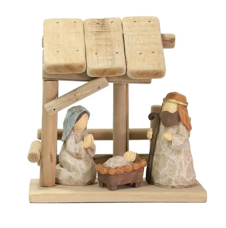 Christmas manger figures with wooden house Nativity ornaments home living room table top holiday decoration gift