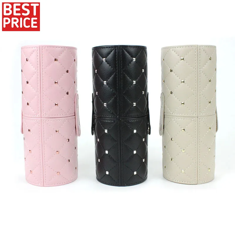 Hot Sale Pink Rivet Style Makeup Brush Holder Case Portable Travel Pu Leather cosmetic Cylinder