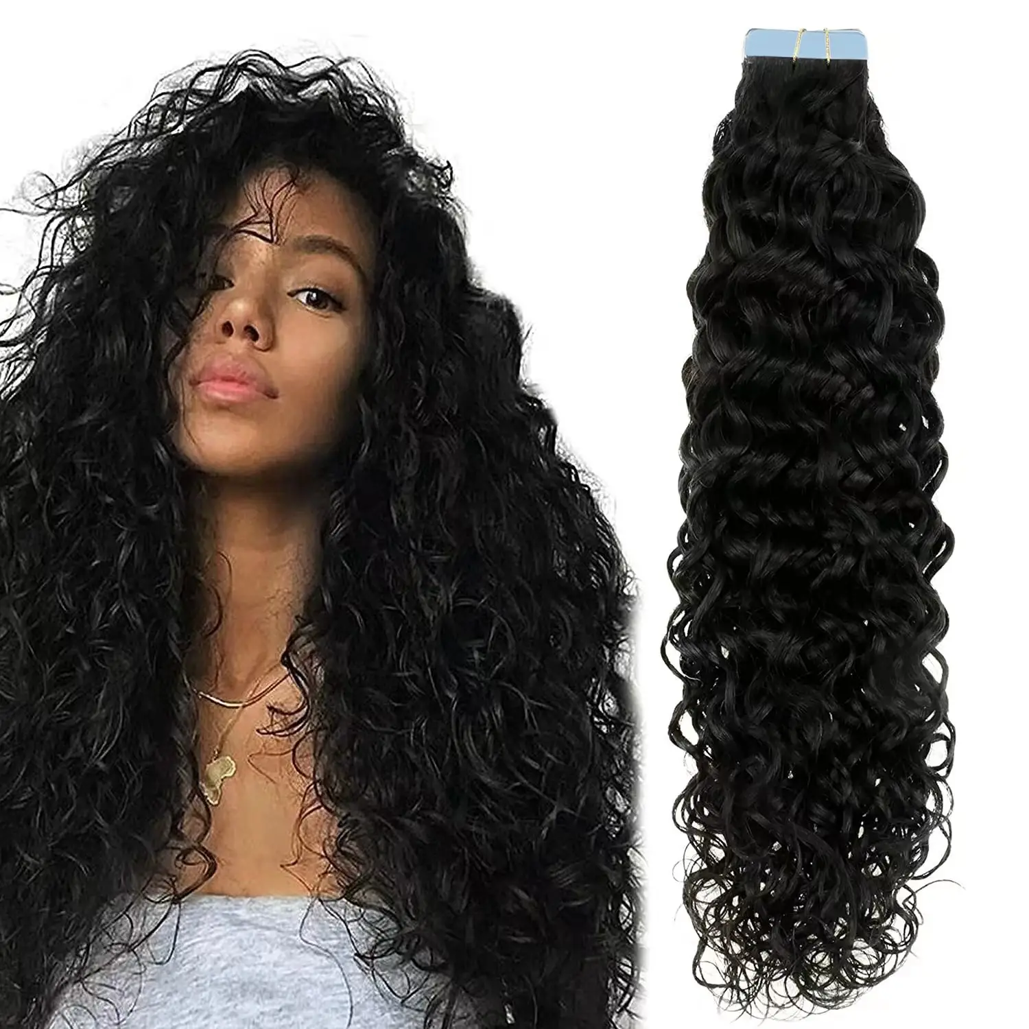 Fábrica atacado preto não processado virgem cabelo extensões onda profunda cabelo encaracolado extensões pu cabelo extensões