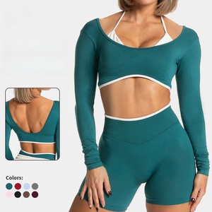 Haut court de yoga respirant à manches longues pour femme, <span class=keywords><strong>t</strong></span>-<span class=keywords><strong>shirt</strong></span> de sport <span class=keywords><strong>moulant</strong></span> avec soutien-gorge intégré, ensembles de yoga personnalisables en patchwork durable - Product Image 2