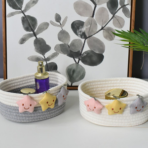 Woven Storage Basket Round White And Gray Handmade Desktop Organizer For Keys Remote <b>Control</b> Small Size - Product Image 1