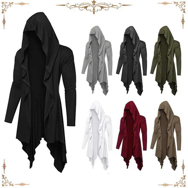 Spring Long Hooded Cardigan Men Ruffle Shawl Collar Open Front Lightweight Drape Medieval Cape Overcoat with Pockets