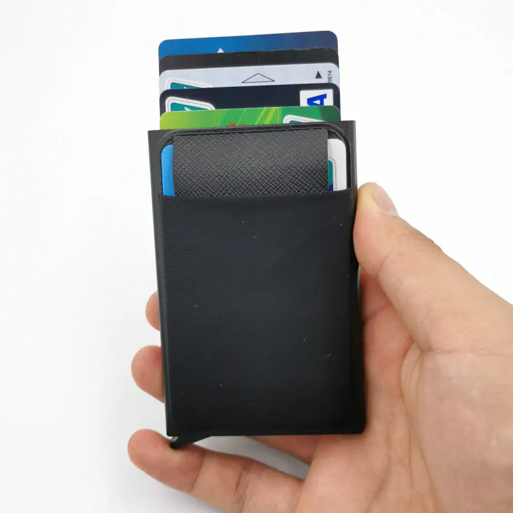 Оптовая продажа, держатель для кредитных карт, RFID алюминиевый автоматический выдвижной кошелек, чехол для банковских карт с эластичной задней крышкой