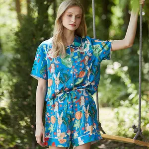 Nuovo pigiama con stampa di coniglio di carota per le donne estive con maniche corte di seta di ghiaccio moda sottile vestiti per la casa Set
