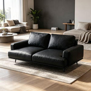 Sofá Moderno de Dos Plazas en Cuero Genuino con Patas Metálicas, Respaldo Holgado y Brazos Cuadrados, Mueble para Sala de Estar - Product Image 6