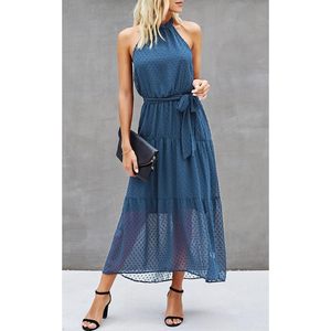 Women Halter Neck Long Maxi Dress Loose Chiffon Sleeveless Backless With <b>Belt</b> Casual Summer Sundress <b>Elastic</b> Waist - Product Image 3