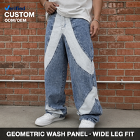 Jean large bleu pour homme, motif géométrique personnalisé, délavé à deux tons, surpiqûres contrastées, pour streetwear contemporain