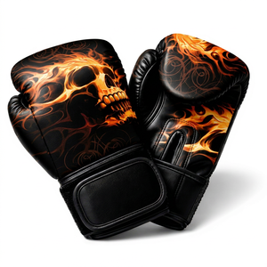 Gants de boxe IBERIA Premium noirs avec imprimé flamme orange et crâne, gants d'entraînement en cuir PU, logo personnalisé, vente en gros OEM - Product Image 1