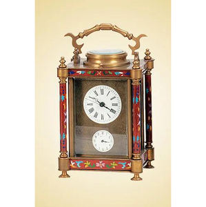 Horloge à carrosse antique en bambou et laiton avec 4 chapitres, plateforme visible, échappement, cadran en porcelaine, avec alarme, répétiteur et calendrier - Product Image 6