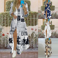 Stok Tersedia 2026 Gaun Kemeja Motif Rantai Baroque Elegan Kancing Depan Lengan Panjang Model Sambung Maxi Siap Kirim MOQ 1 Supplier