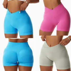 Pantalones cortos de yoga para mujer, shorts de talla grande, suaves, de secado rápido, ligeros, acanalados, sin costuras, con corte en V, para gimnasio y yoga, 2023