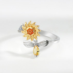 <span class=keywords><strong>Bague</strong></span> tournante réglable en argent plaqué avec zircone cubique en forme de tournesol et d'abeille pour femmes, <span class=keywords><strong>bague</strong></span> anti-anxiété, bijoux cadeau - Product Image 6
