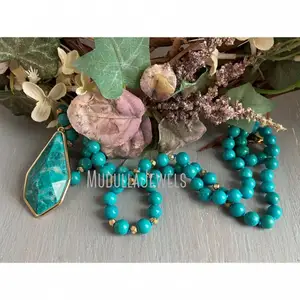 NM33169 Chrysoprase Pendant Tibetan Turquoise Beaded Necklace Hand Knotted Turquoise Necklace Long Layering Necklace