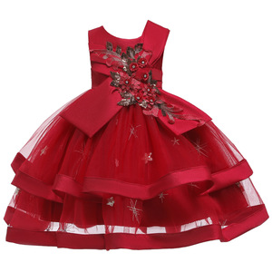 Girls Red Princess Dress Stage Performance Costume Sparkle Embroidery Party Wear - Product Image 5