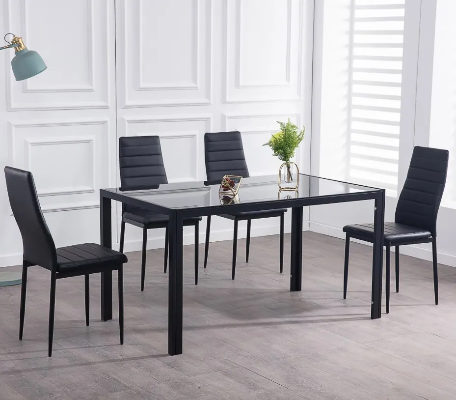 Conjunto de mesa de jantar luxuoso, 4 cadeiras de design moderno e moderno, vidro, restaurante, cozinha, sala de jantar, mesa e cadeiras