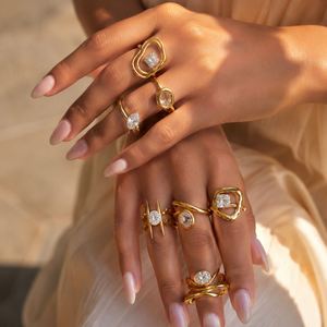 Women's 18K Gold <b>Plate</b> Stainless Steel <b>Rings</b> Modern Minimalist Lines Double-layer Hollow Geometric Large Zircon Open Gift - Product Image 2