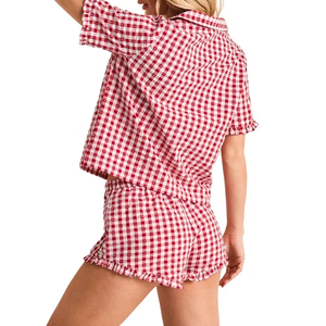 Conjunto de <span class=keywords><strong>Pijama</strong></span> a Cuadros para Mujer, con Volantes, Manga Corta, Botones, Ropa de Dormir, Pantalones Cortos de Algodón a Cuadros Rojos y Blancos - Product Image 2