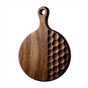 Tabla de cortar redonda de madera de mango con textura de panal tallada, tabla para pizza, tabla para servir pan y queso con orificio - Product Image 1