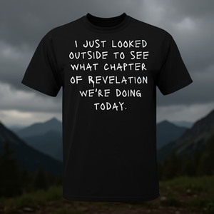 Acaba de mirar por la ventana para ver qué capítulo de la Biblia Apocalíptica me esperaba en la camiseta, camiseta negra unisex para adultos, talla M - Product Image 3