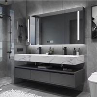 Meuble-lavabo mural de luxe gris foncé à double vasque et double étagère avec miroir LED en pierre pleine dalle pour projets hôteliers et villas