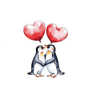 Camiseta de Jersey para Mujer con Lindo Estampado de Pingüinos Besándose, Manga Corta, Cuello Redondo, Algodón Negro, Diseño Casual con Globo de Corazón Rojo, 220g - Product Image 1