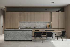 Meubles de cuisine en bois au design moderne, grain de bois vertical, finition stratifiée en noyer noir, armoires de cuisine avec îlot central - Product Image 3