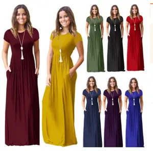 Women's short-sleeved loose solid color casual long dress with pockets