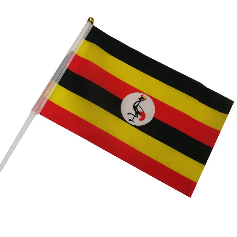 Bandera de Uganda, banderas de mesa de poliéster de 14x21CM con poste, país volador, palo que agita a mano, banderas de mano de Uganda