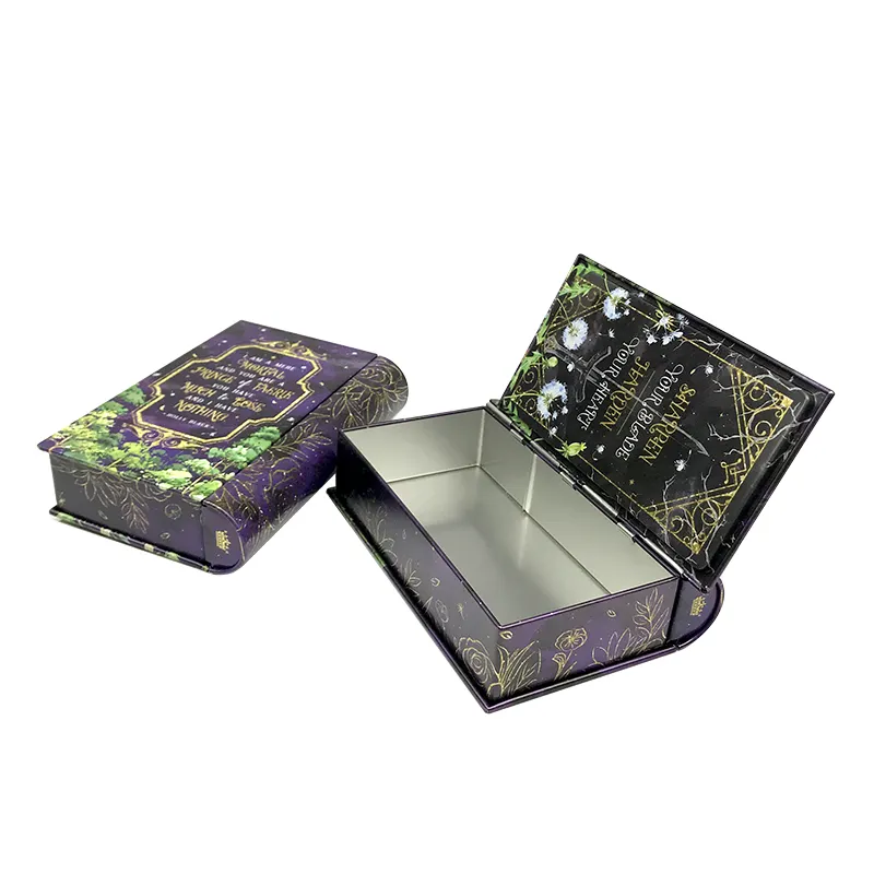 Libro de grado alimenticio de alta calidad, latas de Metal, regalo de Chocolate, caja de lata con forma de libro de dulces