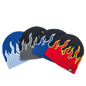 Custom Flame Design Jacquard No Cuff Skull Cap Cuffless Beanie Hat Sports Skullcap