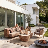 Ensemble de canapé d'extérieur en rotin tressé 3 places, avec coussin épais, durable, confortable, avec rangement, imperméable, design minimaliste et respectueux de l'environnement