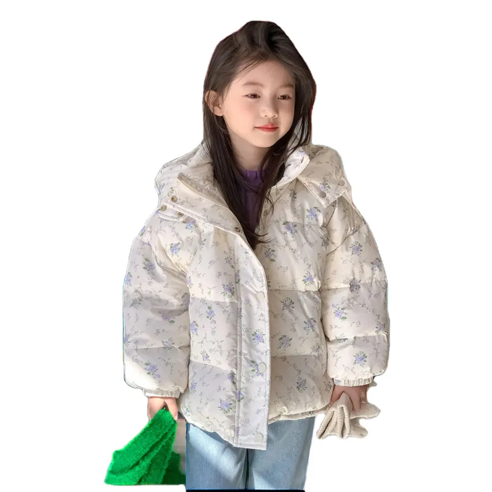 Jaqueta de inverno para meninas com capuz floral, casaco quente à prova d'água, casaco pequeno com desenho floral fresco, jaqueta infantil para meninas
