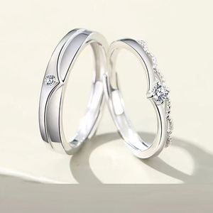 Anillo de Pareja Plateado con Circonita, Anillos Abiertos de Diamantes para Mujer y Hombre, Joyería de Boda y Compromiso - Product Image 1