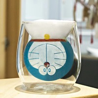 Penjualan pabrik kaca transparan cangkir lucu kaca Doraemon dinding ganda gelas kaca