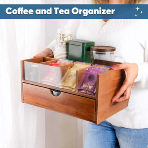 Organisateur de station à <span class=keywords><strong>café</strong></span> en bois, boîte à sachets de thé, support pour dosettes K-Cup, tiroir de rangement, accessoires de bar à <span class=keywords><strong>café</strong></span> rustiques pour comptoir - Product Image 4