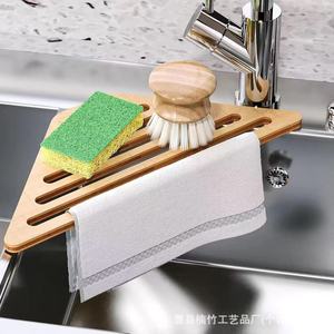 Égouttoir triangulaire en bambou avec barre porte-serviettes pour évier de cuisine, porte-savon portable multifonction - Product Image 1