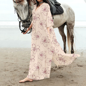 Vestido de Playa Casual Nuevo al por Mayor con Estampado Floral, Cuello en V y Diseño con Abertura, Personalizable, Transpirable, de Algodón y Lino, para Verano - Product Image 1