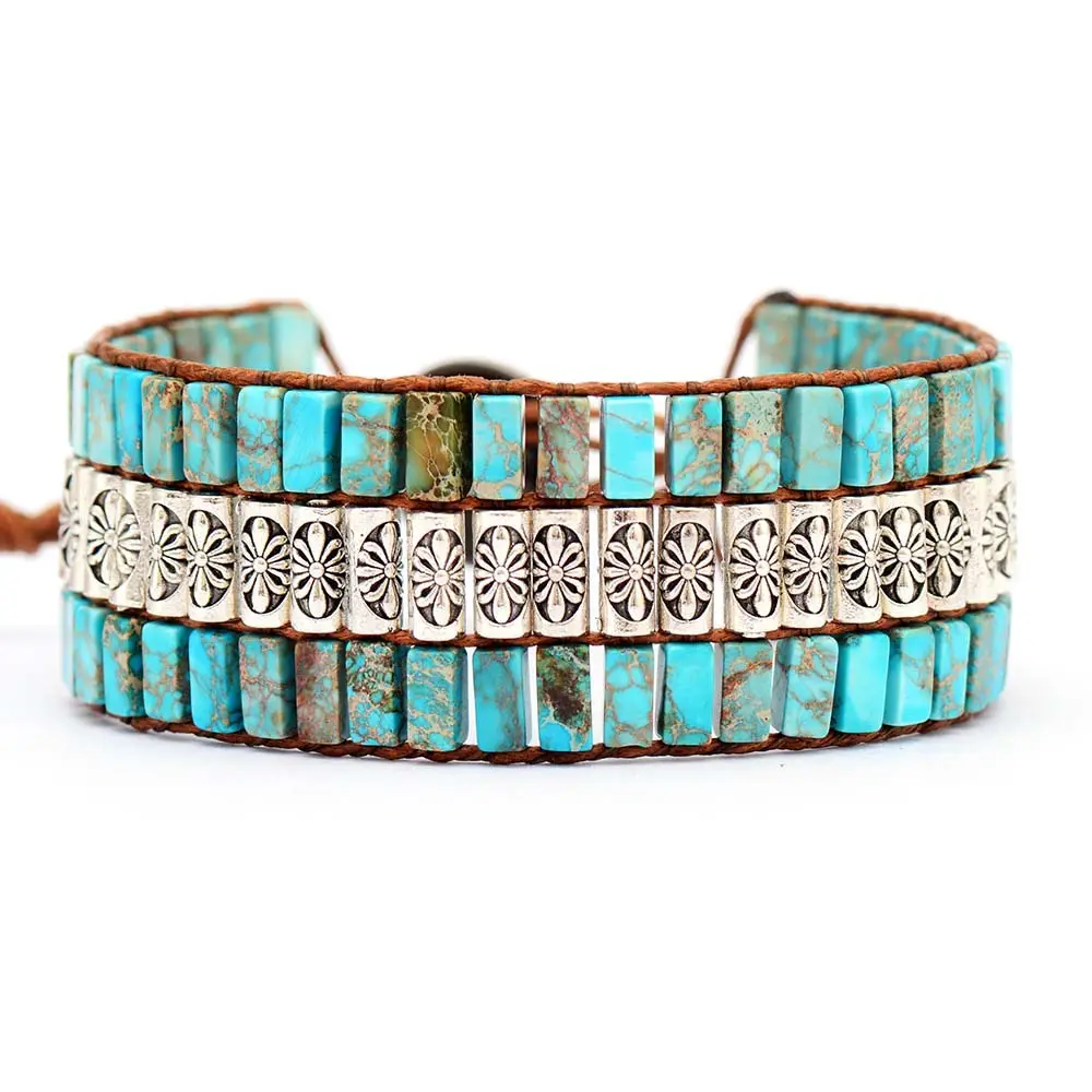 Nouveau 3 Couche Bleu Empereur Pierre Bracelet Antique Métal Perles Tissé Bracelet Usine En Gros